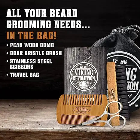 Viking Revolution Beard Care Kit for Men Complete Grooming Set with Bamboo Brush & Double-Sided Comb in Velvet Travel Pouch 100%
